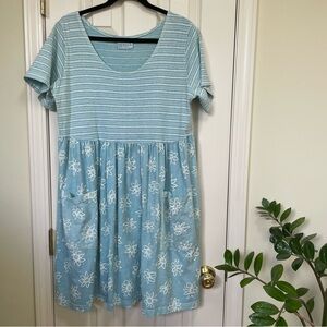 Vintage Fresh Produce 100% Cotton Blue Baby Doll mixed floral stripe Dress L